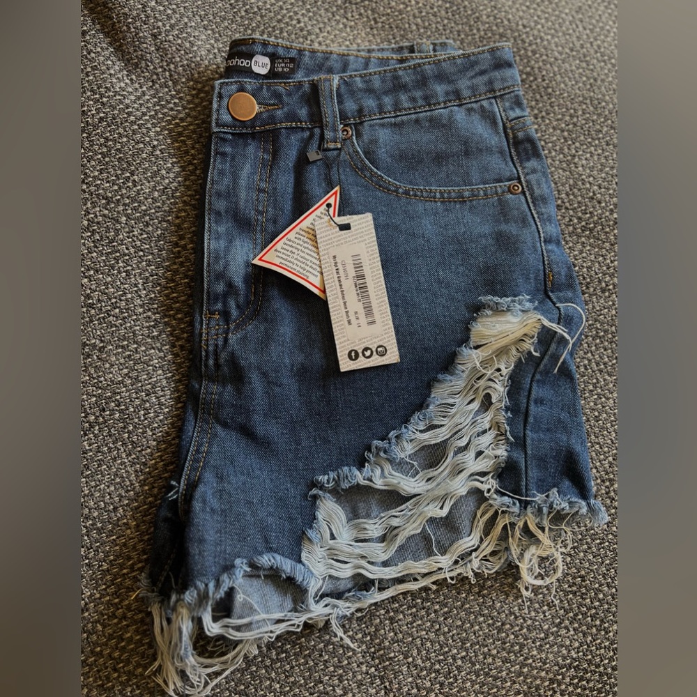 Boohoo Distressed High Waisted Jean Shorts